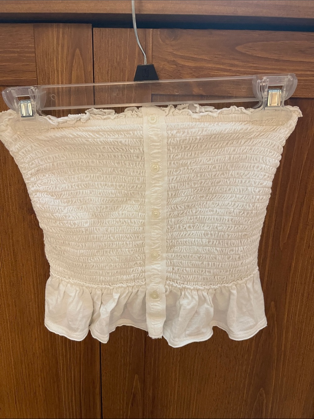 Abercrombie & Fitch Cream Smocked Strapless Button-Front Crop Top